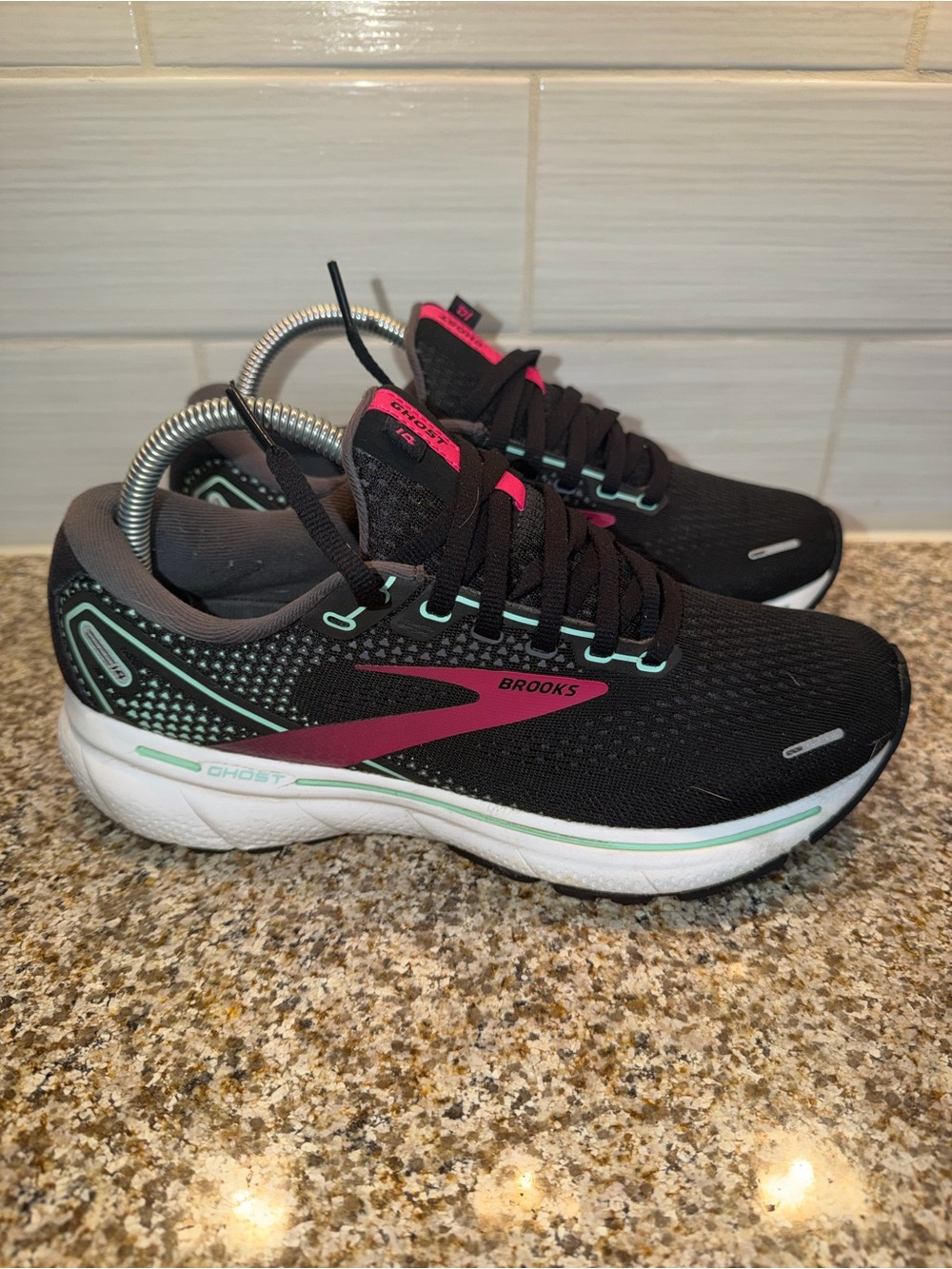 Brooks Women's Ghost Running Shoes - Black with Pink and Mint Trim